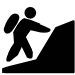 schwarzes Bergtouren Piktogramm. Ein Männchen mit Rucksack auf einem Berg beim Bergsteigen