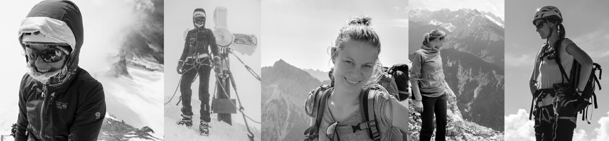 Portraitfotos in schwarz/weis von einer Bergsteigerin